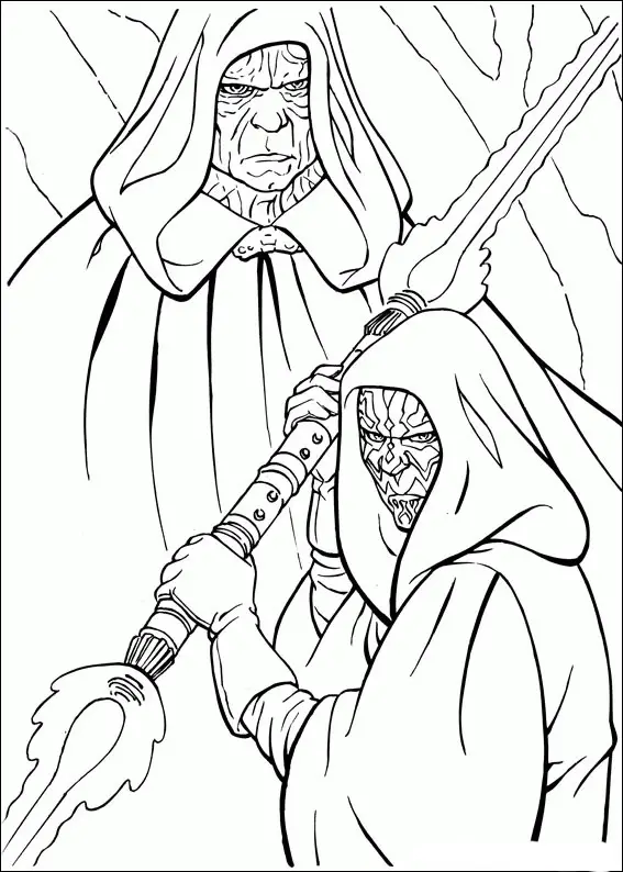 Kolorowanka Star Wars Imperator Palpatine stoi za Darthem Maulem z włączonym podwójnym mieczem świetlnym
