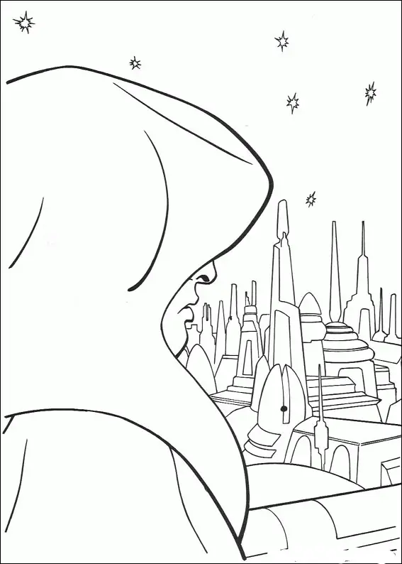 Kolorowanka Star Wars imperator Palpatine w kapturze patrzy się na wielkie miasto