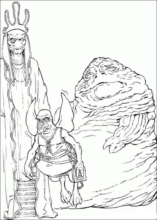 Kolorowanka Star Wars Jabba da Hutt wraz ze swoimi najemnikami