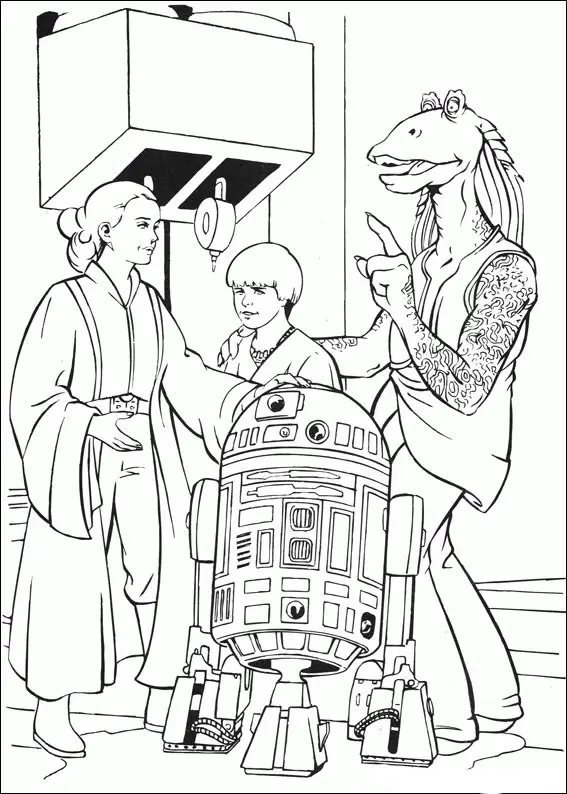 Kolorowanka Star Wars Jar Jar Binks tłumaczy coś matce Luka Skywalkera obok R2D2 i jego matki