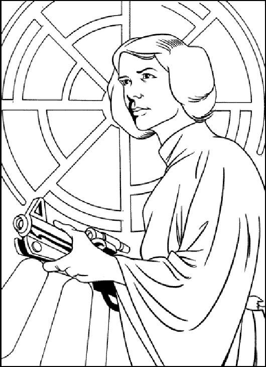 Kolorowanka Star Wars księżniczka Leia stoi trzymając blaster laserowy w rękach