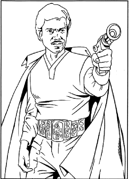 Kolorowanka Star Wars Lando Calrissan stoi w pelerynie z pistoletem laserowym
