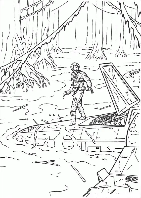 Kolorowanka star wars Luke Skywalker stoi na topiącym się w bagnie x-wingu