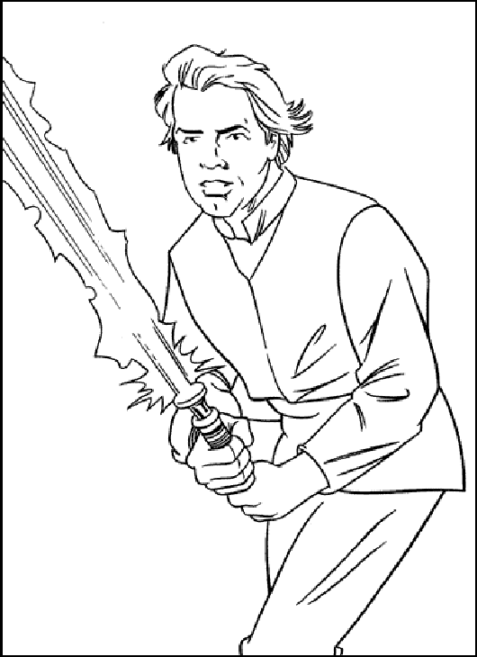 Kolorowanka Star Wars Luke Skywalker stoi trzymając miecz świetlny