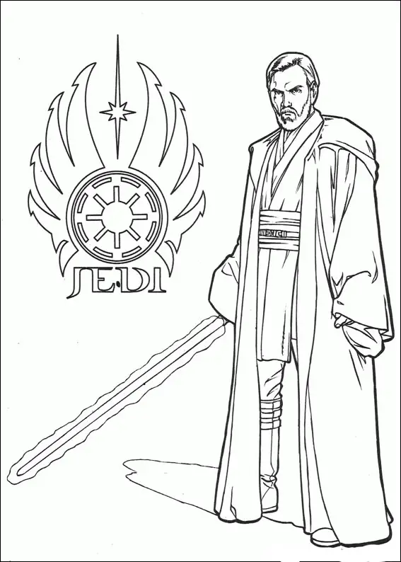Kolorowanka Star Wars mistrz jedi Obi-Wan Kenobi stoi w płaszczu z mieczem świetlnym w ręce