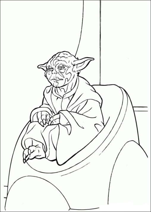 Kolorowanka Star Wars mistrz Yoda siedzi na krześle w pokoju rady jedi