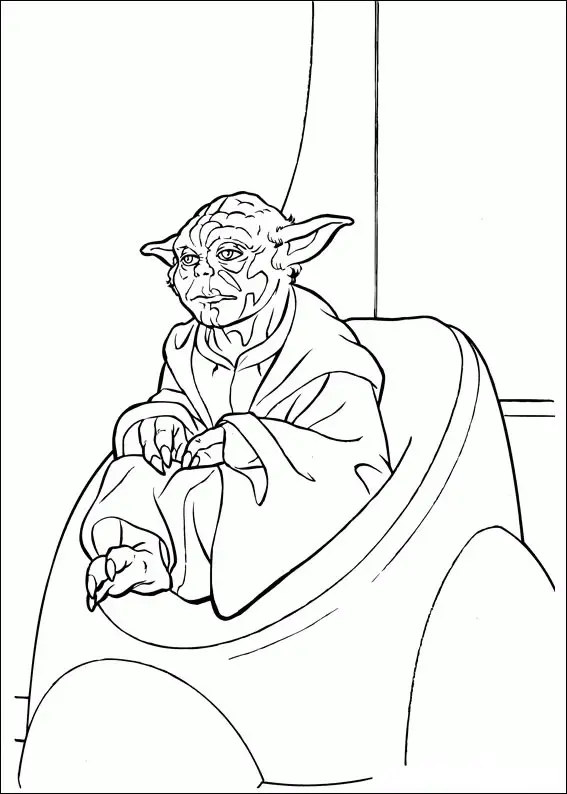 Kolorowanka Star Wars mistrz Yoda siedzi na krześle w pokoju rady jedi