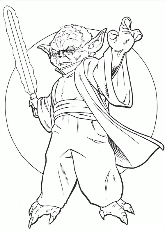 Kolorowanka Star Wars mistrz Yoda stoi z mieczem świetlnym i używa mocy