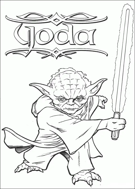 Kolorowanka star wars mistrz Yoda z mieczem świetlnym w ręce
