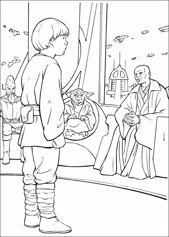 Kolorowanka Star Wars młody Anakin Skywalker stoi przed radą jedi w pokoju z widokiem na miasto