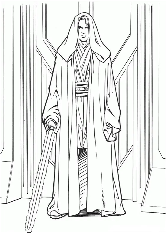Kolorowanka Star Wars młody Anakin Skywalker stoi z kapturem na głowie i mieczem świetlnym w świątyni jedi