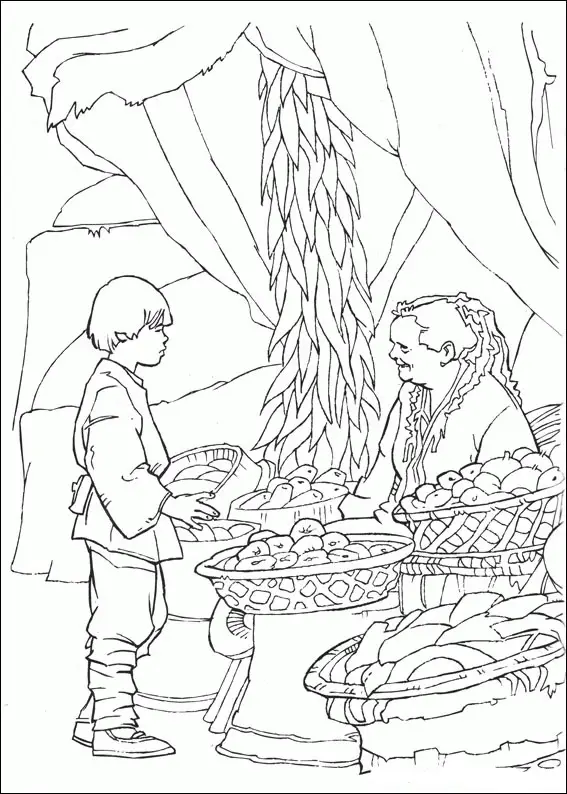 Kolorowanka Star Wars młody Luke Skywalker kupuje jedzenie na targu na pustyni