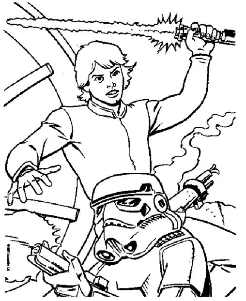 Kolorowanka Star Wars młody Luke Skywalker walczy mieczem świetlnym ze stormtrooperem