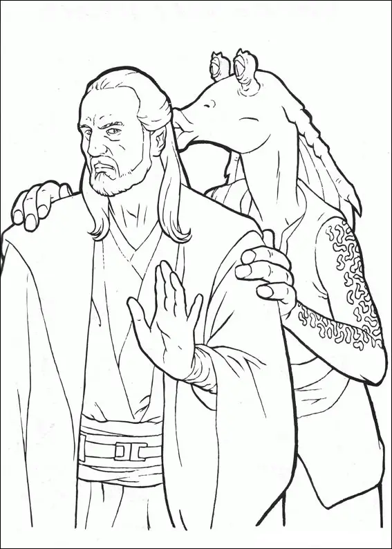Kolorowanka Star Wars Obi-Wan Kenobi niezadowolony odpędza całującego go Jar Jara Binks