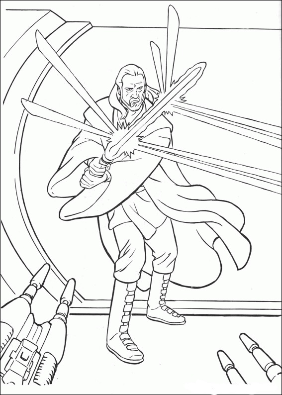 Kolorowanka Star Wars Obi-Wan Kenobi odbija strzały z blasterów mieczem świetlnym