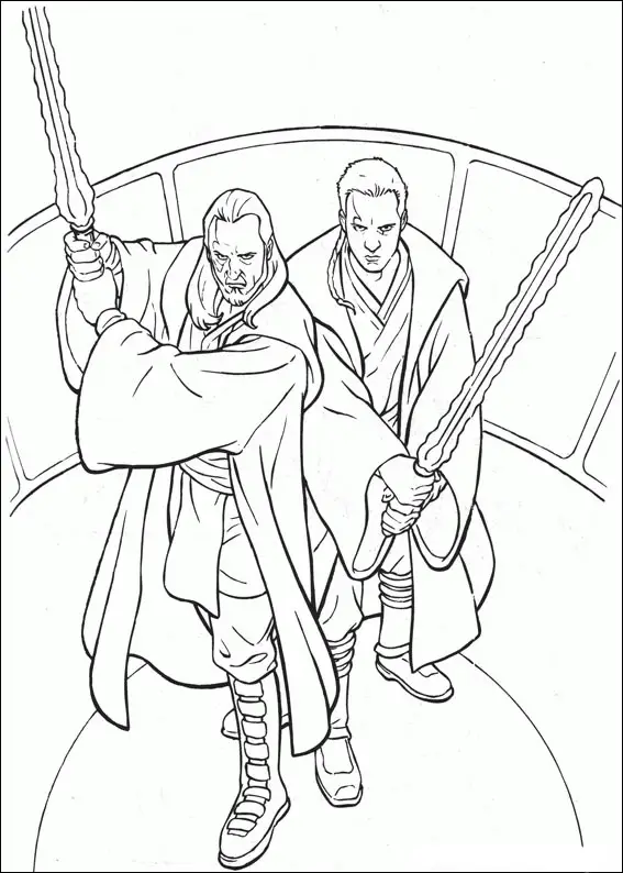 Kolorowanka Star Wars Obi-Wan Kenobi stoi ramię w ramię z młodym Anakinem Skywalkerem z wyciągniętymi mieczami świetlnymi