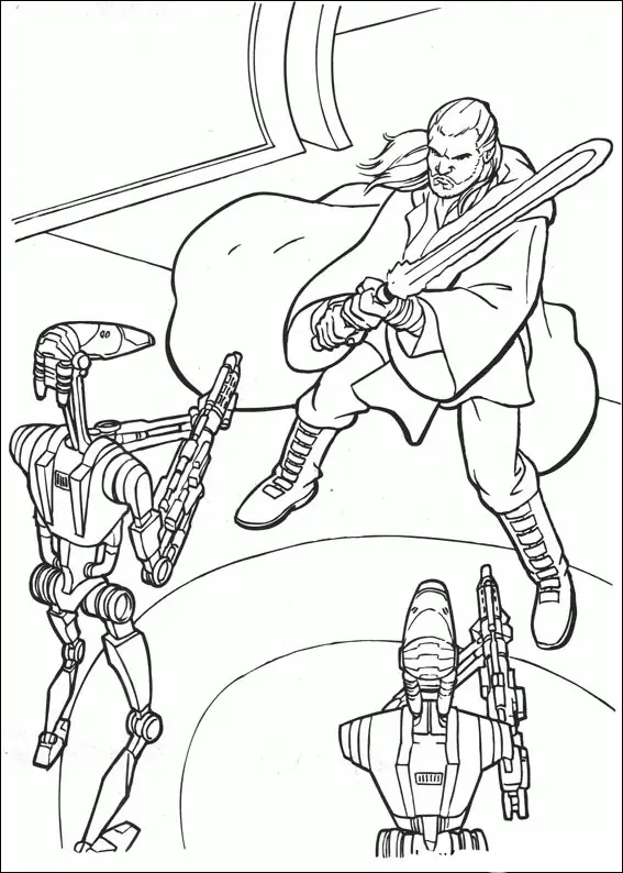 Kolorowanka Star Wars Obi-Wan Kenobi walczy mieczem świetlnym z dwoma droidami imperialnymi