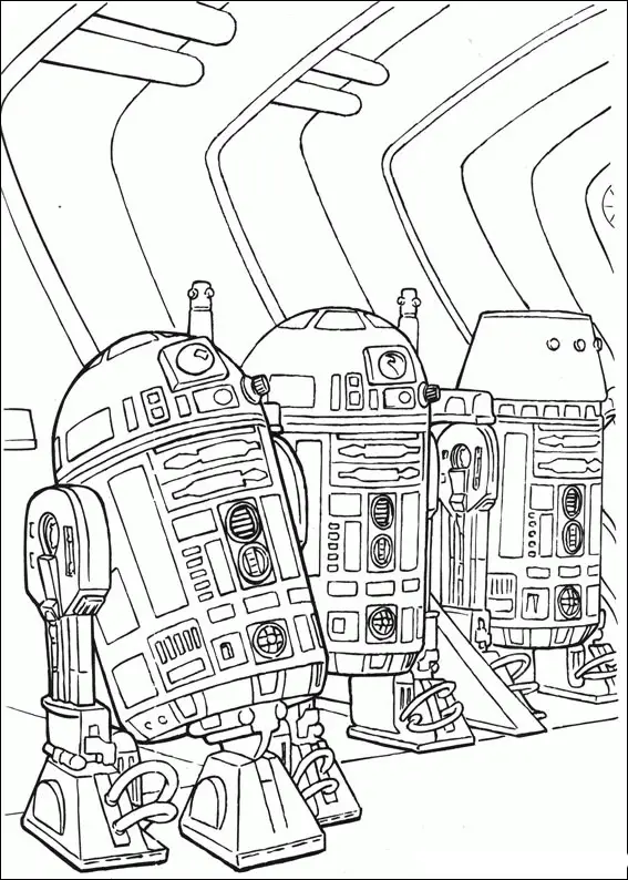 Kolorowanka Star Wars R2D2 stoi obok dwóch podobnych do siebie robotów na statku kosmicznym