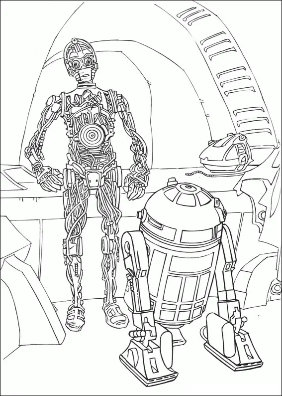 Kolorowanka Star Wars R2D2 stoi przed C-3PO bez obudowy przy stole pełnym części