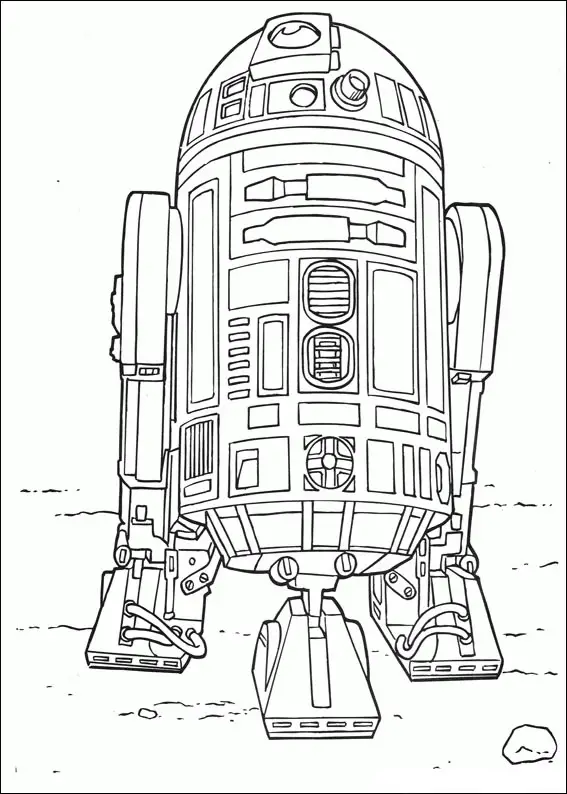 Kolorowanka Star Wars R2D2 stoi przodem na środku pustyni