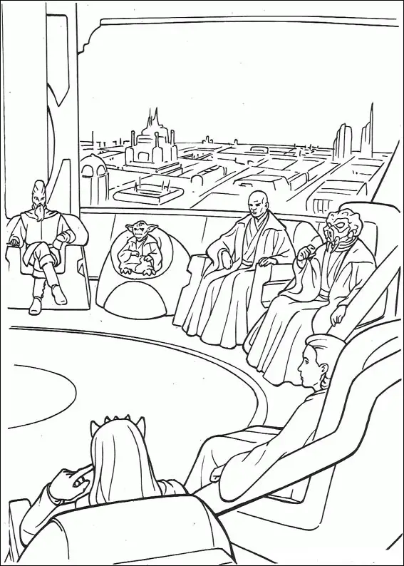 Kolorowanka Star Wars rada mistrzów jedi, członkowie siedzą na fotelach przy oknie z widokiem na miasto