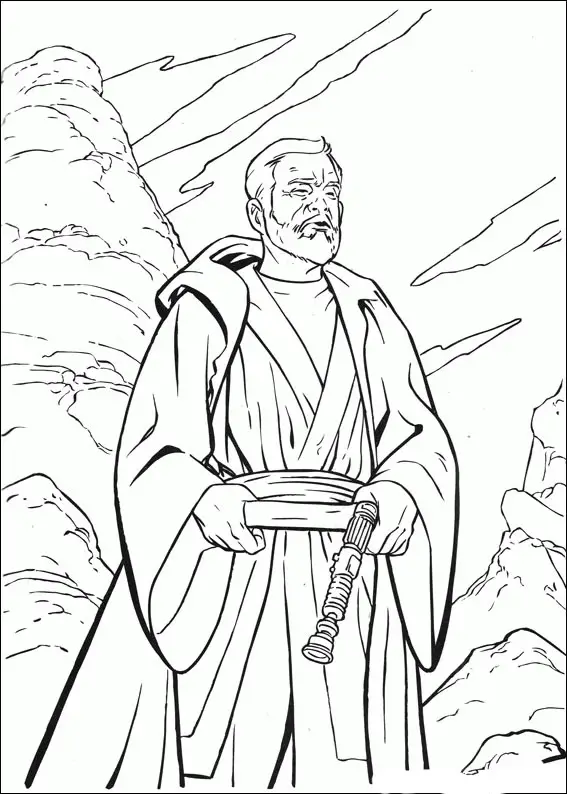 Kolorowanka Star Wars stary Obi-Wan Kenobi stoi w szatach na górze z mieczem świetlnym na pasie