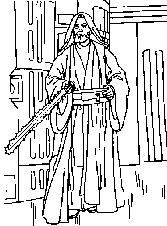 Kolorowanka Star Wars stary Obi-Wan Kenobi stoi z mieczem w korytarzu