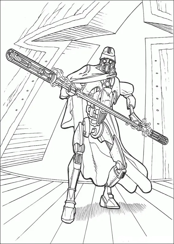 Kolorowanka Star Wars strażnik imperialnej gwardii z podwójną włócznią elektryczną stoi w bazie