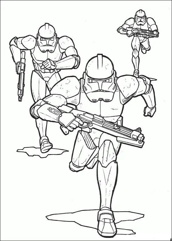 Kolorowanka Star Wars trzech stormtrooperów biegnie z blasterami w rękach