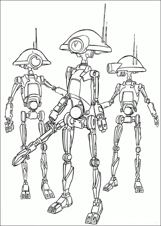 Kolorowanka Star Wars trzy identyczne pustynne roboty z głowami w kształcie dysków z latarkami i antenami