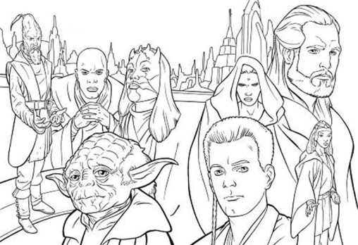 Kolorowanka Star Wars wszyscy mistrzowie jedi stoją obok siebie z Yodą na przodzie i Anakinem