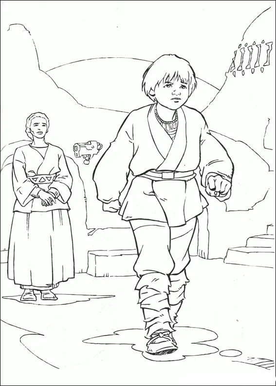 Kolorowanka Star Wars zdenerwowany młody Luke Skywalker odchodzi od swojej matki na pustyni