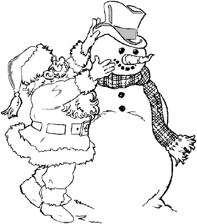 Kolorowanka Święty Mikołaj buduje dużego bałwana zakładając mu kapelusz, szalik i marchewkowy nos