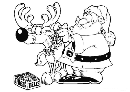 Kolorowanka Święty Mikołaj dekoruje bombkami szyję renifera stojąc przy nim i kartonie pełnym bombek