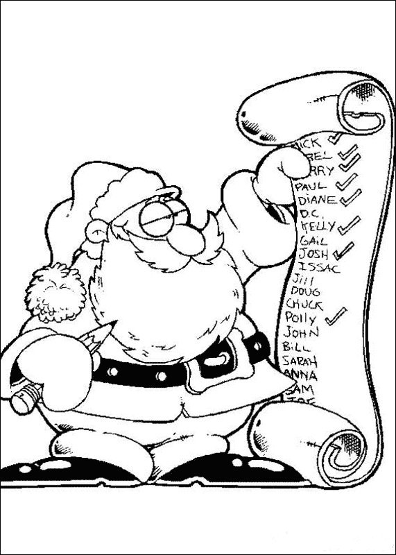 Kolorowanka Święty Mikołaj odhacza ołówkiem zrobione zadania na dużej liście papierowej