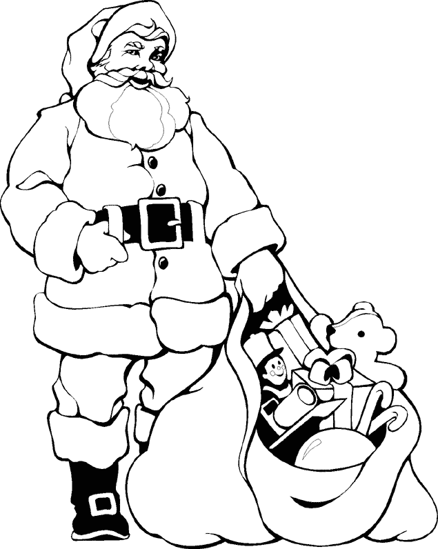 Kolorowanka Święty Mikołaj stoi jedną ręką trzymając się za wielki pas a drugą podtrzymując otwarty wór pełen zabawek dla dzieci