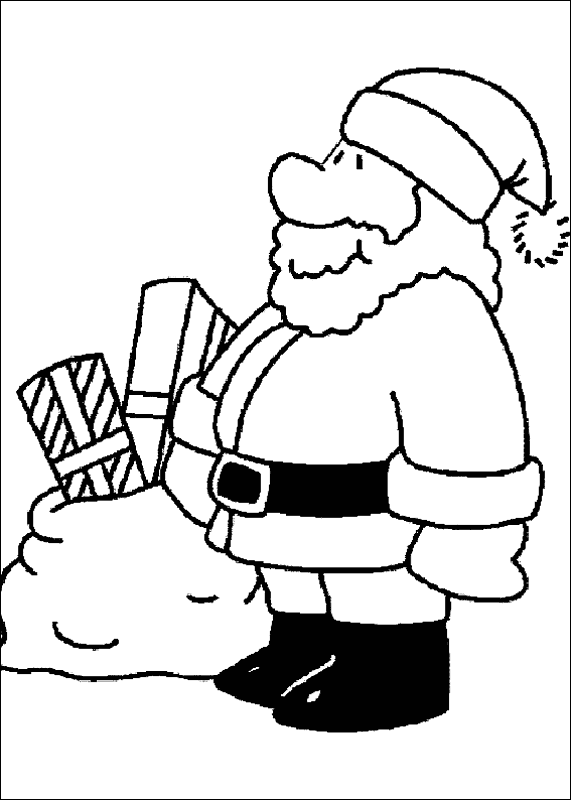Kolorowanka Święty Mikołaj stoi zadowolony bokiem w czapce świątecznej przy wielkim worku, z którego wystają prezenty