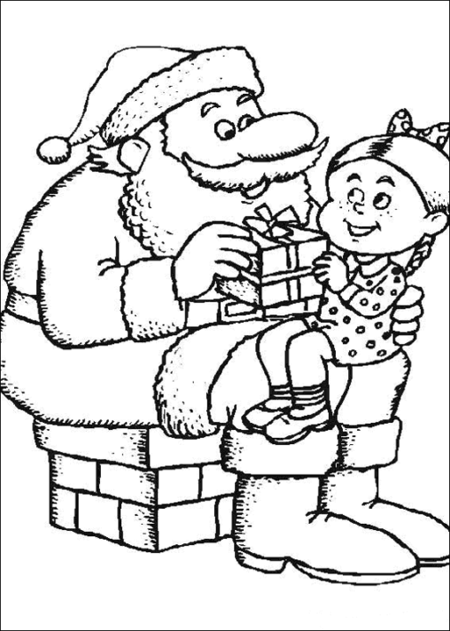 Kolorowanka Święty Mikołaj trzyma na kolanach dziecko, z którym rozmawia i daje prezent z okazji świąt
