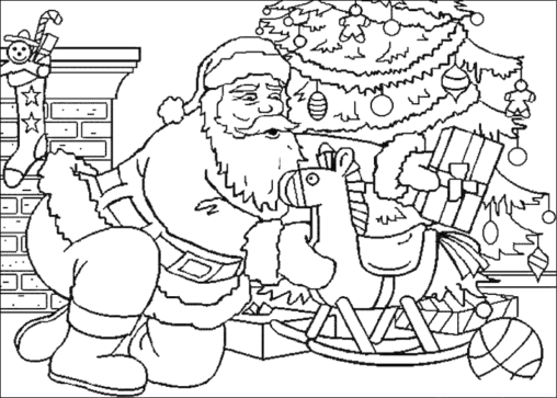 Kolorowanka Święty Mikołaj układa prezenty pod choinką obok drewnianego konia na biegunach przy kominku