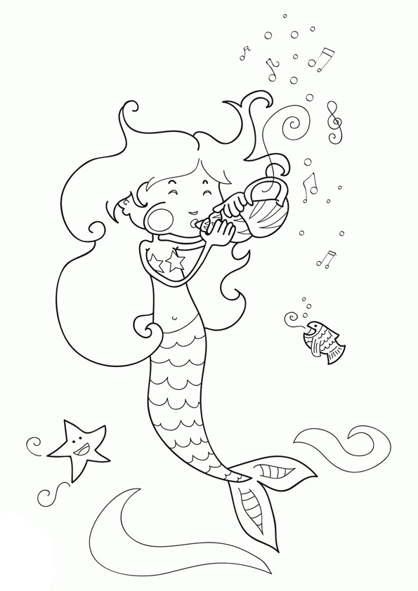 Kolorowanka syrenka gra głośno na muszli pod wodą dla rozgwiazdy i rybki