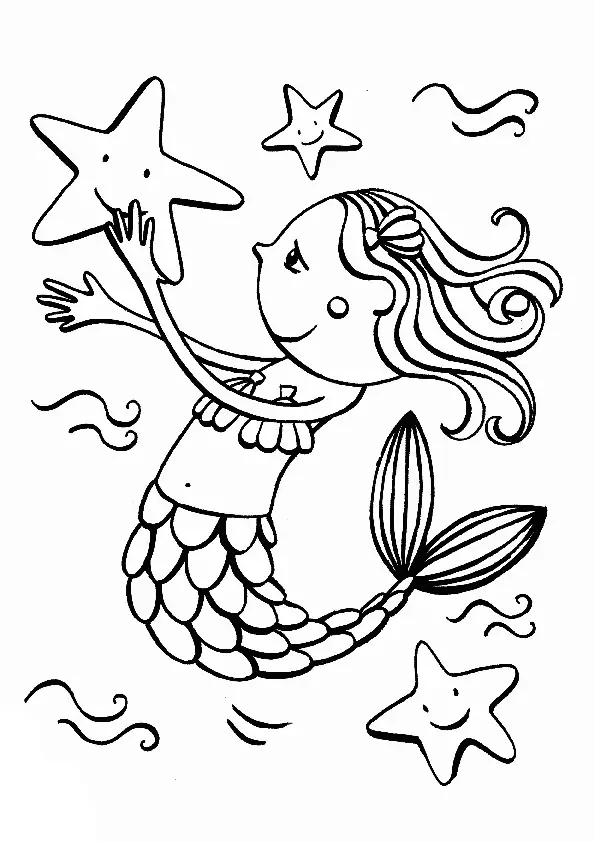 Kolorowanka syrenka młoda bawi się rozgwiazdami pod wodą