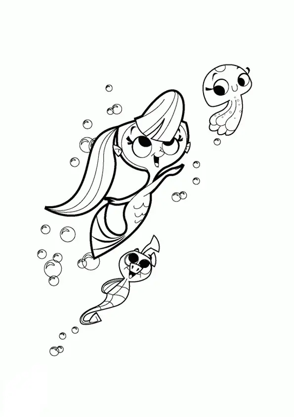 Kolorowanka syrenka płynie w stronę powierzchni wody wraz z meduzą i konikiem morskim
