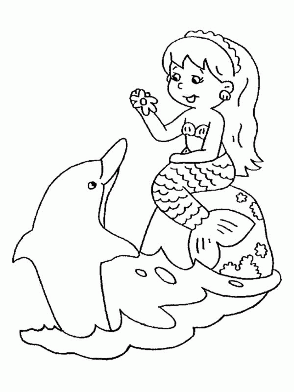 Kolorowanka syrenka siedzi na kamieniu wystającym z wody i daje kwiatek wypływającemu delfinowi