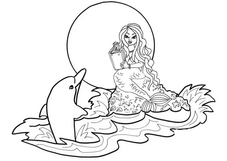 Kolorowanka syrenka siedzi na skałach i czyta książkę delfinowi o wschodzie Słońca