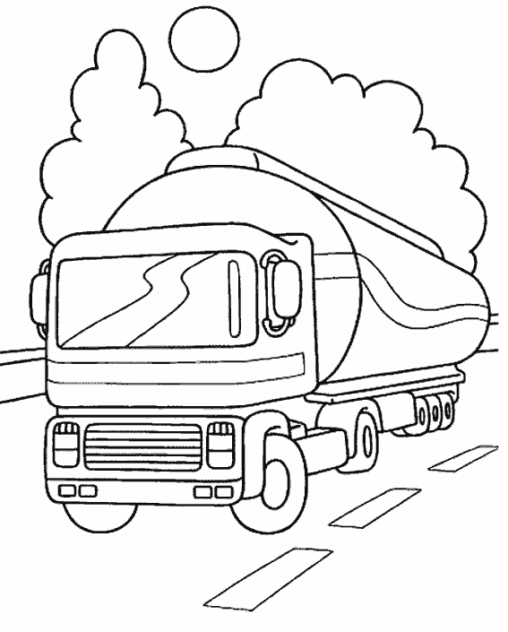 Kolorowanka tir ciężarówka cysterna jedzie po drodze wśród drzew