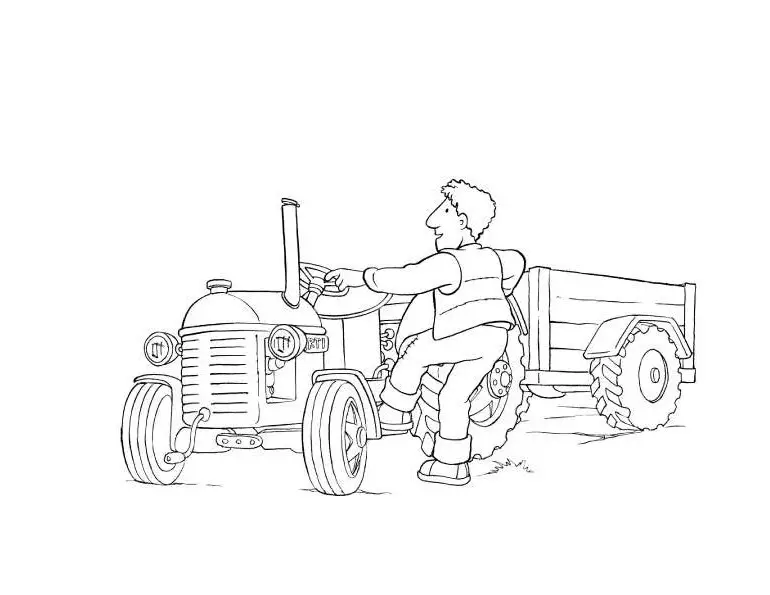 Kolorowanka traktory czerwony traktorek, mały i krótki bez kabiny z podpiętą przyczepą i wsiadającym rolnikiem