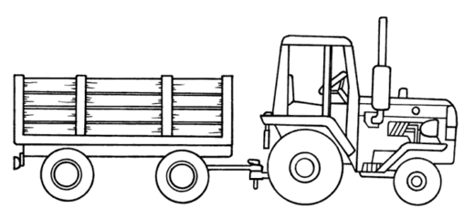 Kolorowanka traktory, traktor, ciągnik stoi pusty bokiem z podpiętą przyczepą z drewnianymi burtami