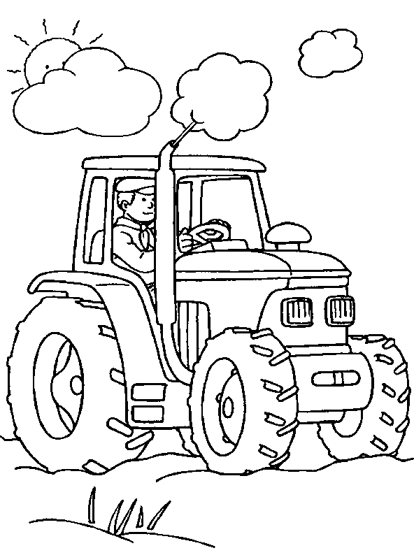 Kolorowanka traktory traktor jedzie przez środek pola robiąc duże chmury spalin, prowadzony przez rolnika siedzącego w kabinie, któremu przygląda się Słoneczko wychylające się zza chmur