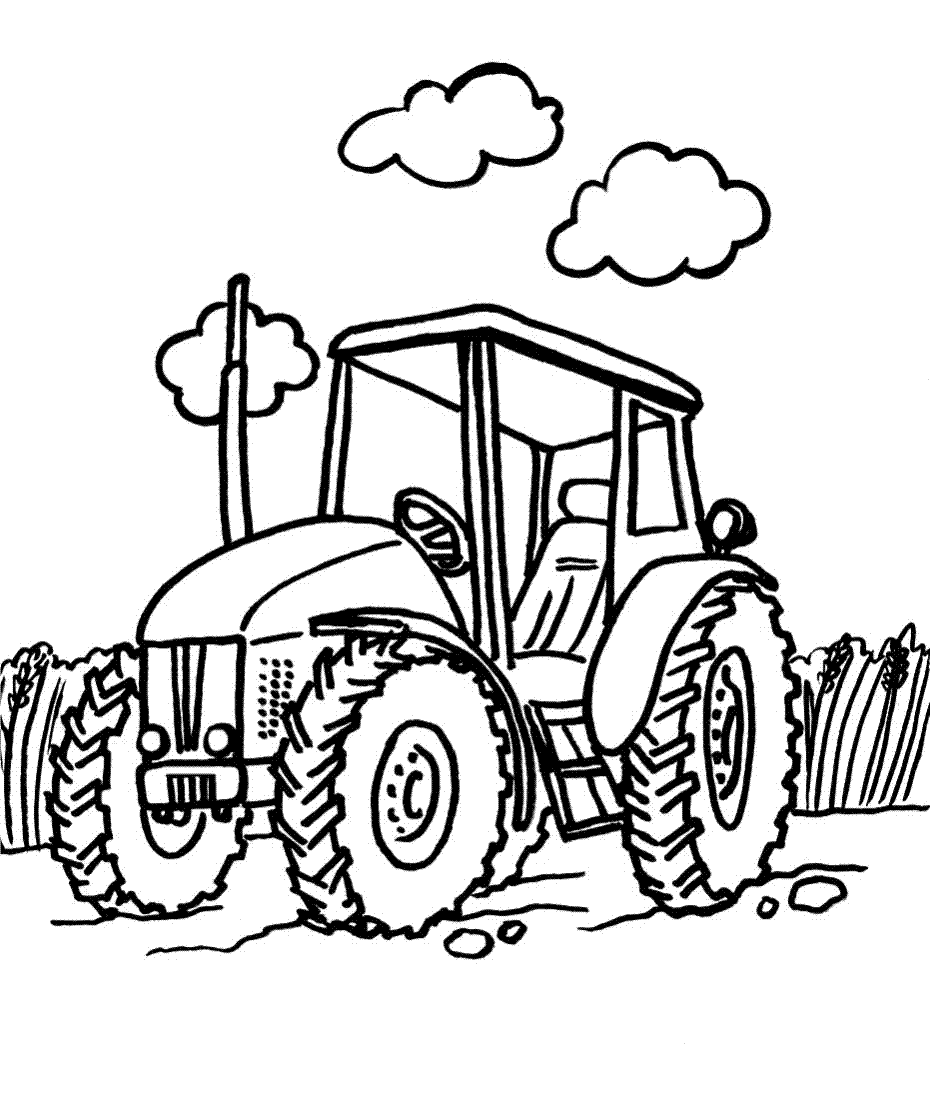 Kolorowanka traktory - traktor stoi pusty na środku pola wśród zboża pod chmurkami