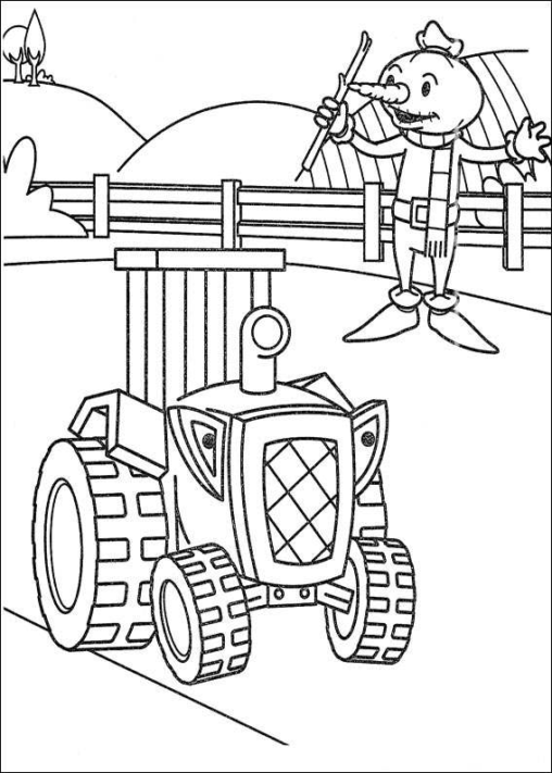 Kolorowanka traktory traktor z Boba budowniczego jedzie przez pole, na którym stoi strach na wróble i macha ciągnikowi